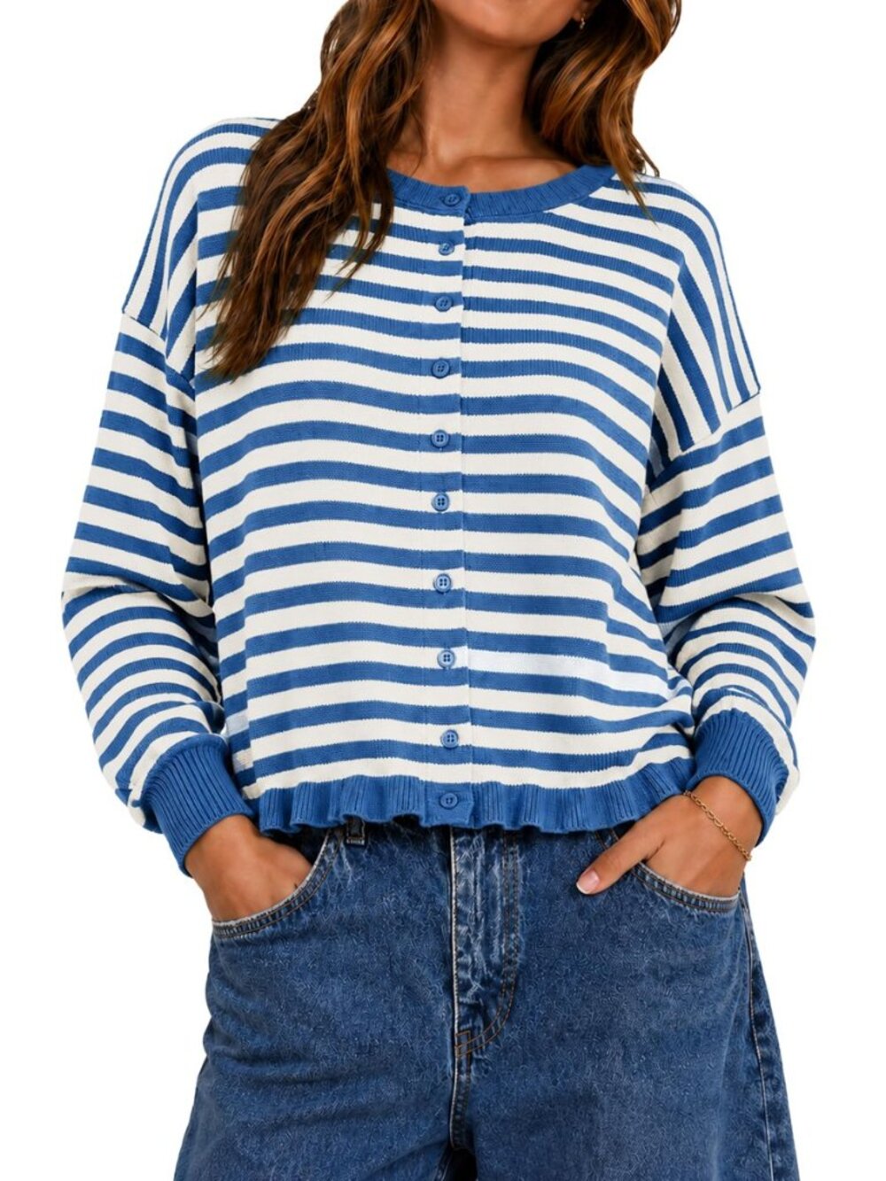 Women's Striped Cardigan Cute Ruffle Hem Knit Sweater